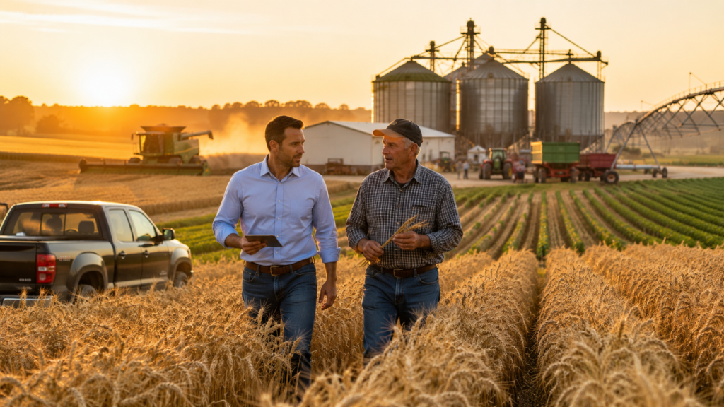 Farmer and investor reviewing harvested crops at a modern grain facility.