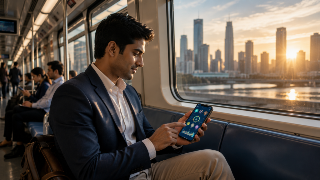 Young professional using a mobile banking app while commuting on a modern city train with secure digital banking icons.