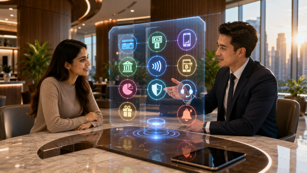 Banking advisor helping a customer compare checking account features using a futuristic interactive banking dashboard.