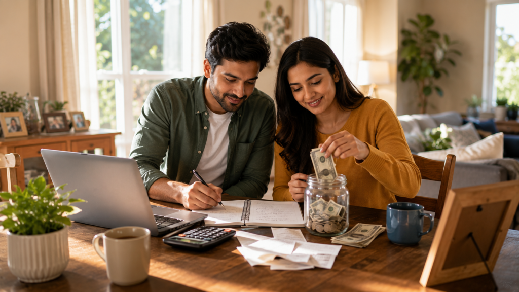 Young couple reviewing their household budget while adding money to a savings jar at their dining table.