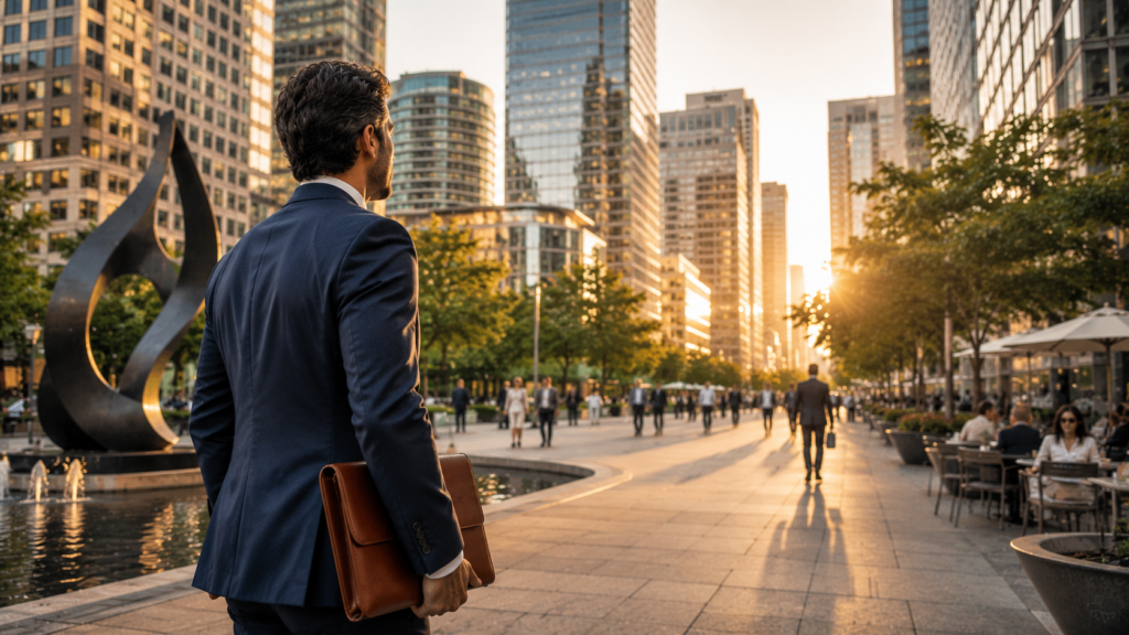 Investor walking through a financial district lined with headquarters of major global companies.