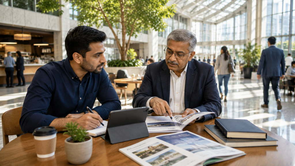 Investor discussing diversified bond investments with a financial mentor in a modern public atrium.