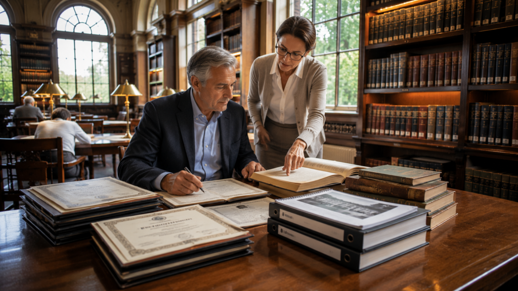 Investor comparing individual bond certificates and diversified investment fund documents at a library table.