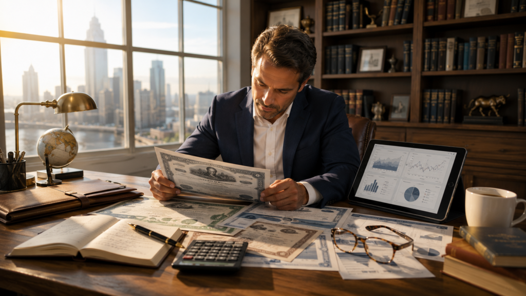 Investor reviewing bond investment options with government bond certificates, calculator, and financial charts on a desk.