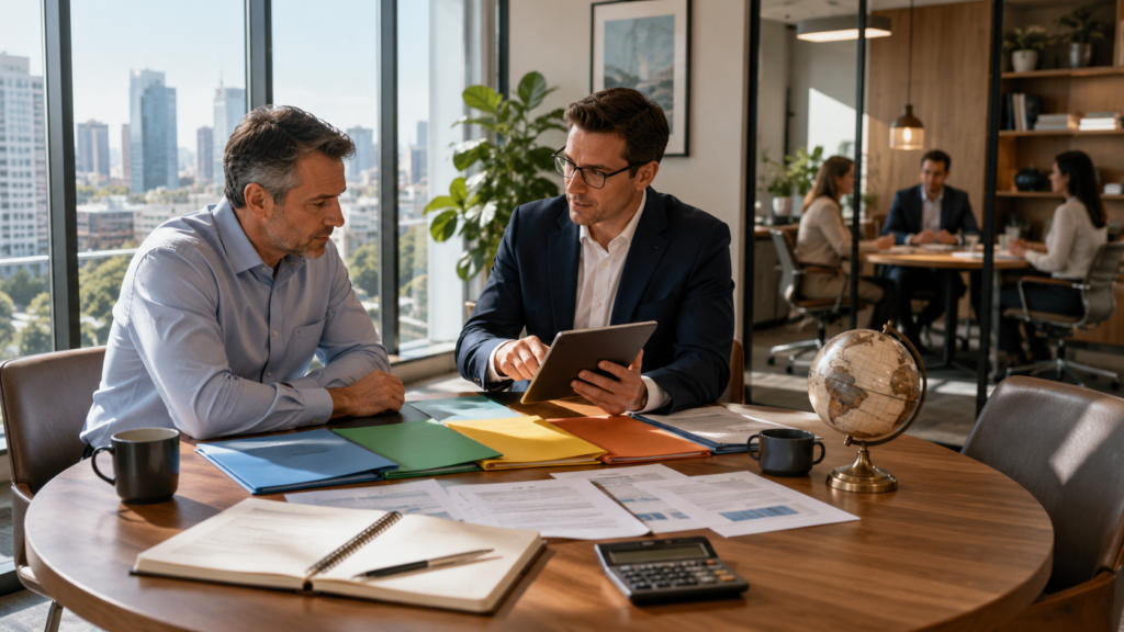 Investor discussing a diversified bond investment strategy with a financial advisor using printed bond maturity schedules.