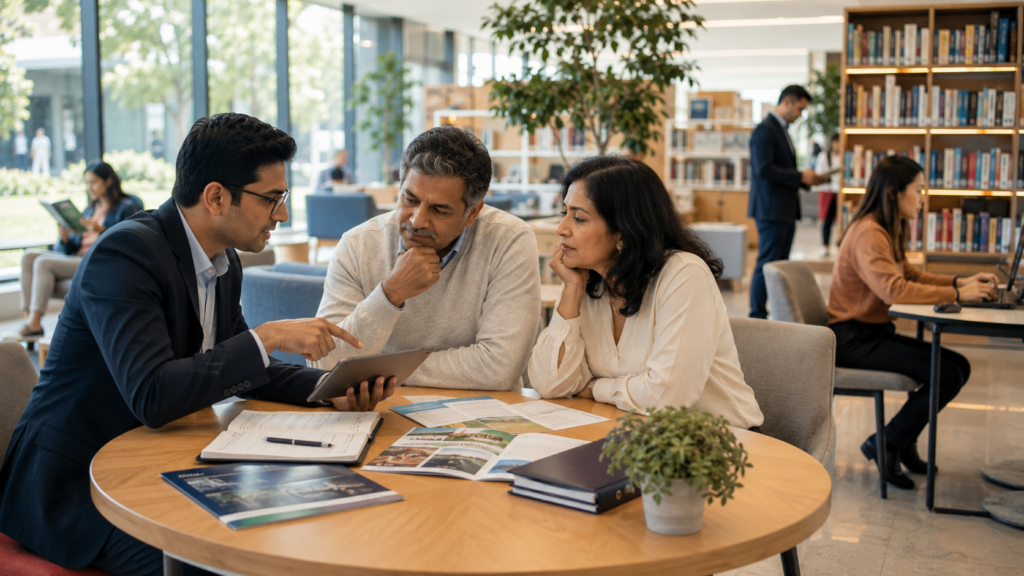 Investor discussing diversified bond mutual funds with a financial advisor in a modern public investment center.