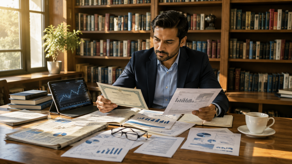 Investor reviewing bond market performance on printed financial reports at a modern workspace.