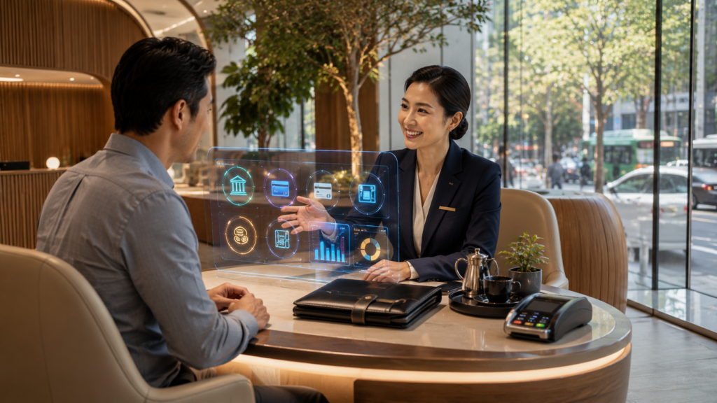 Customer reviewing a bank fee statement with a financial advisor while using a digital banking tablet in a modern bank branch.