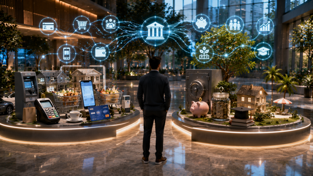 Person comparing checking and savings accounts using an interactive banking display in a modern financial center.