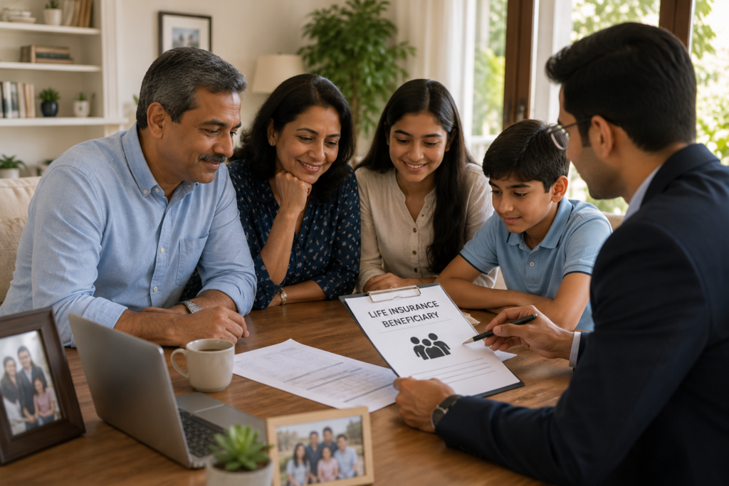Family reviewing life insurance beneficiary options through an interactive financial planning experience.