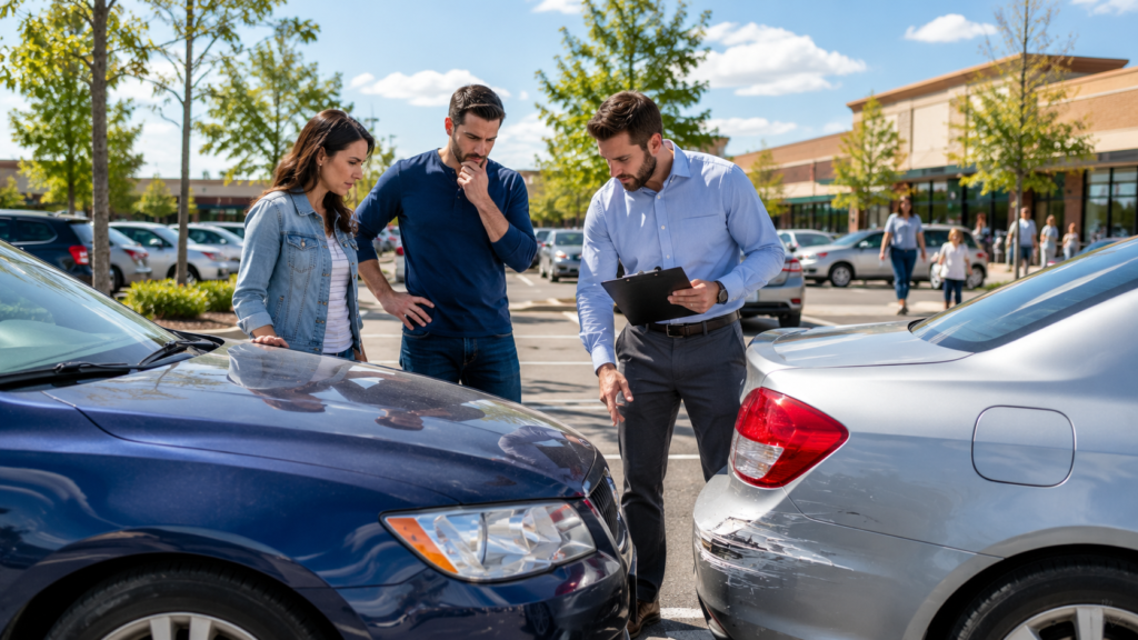 Driver and insurance assessor inspecting minor vehicle damage after a low-speed parking lot collision.