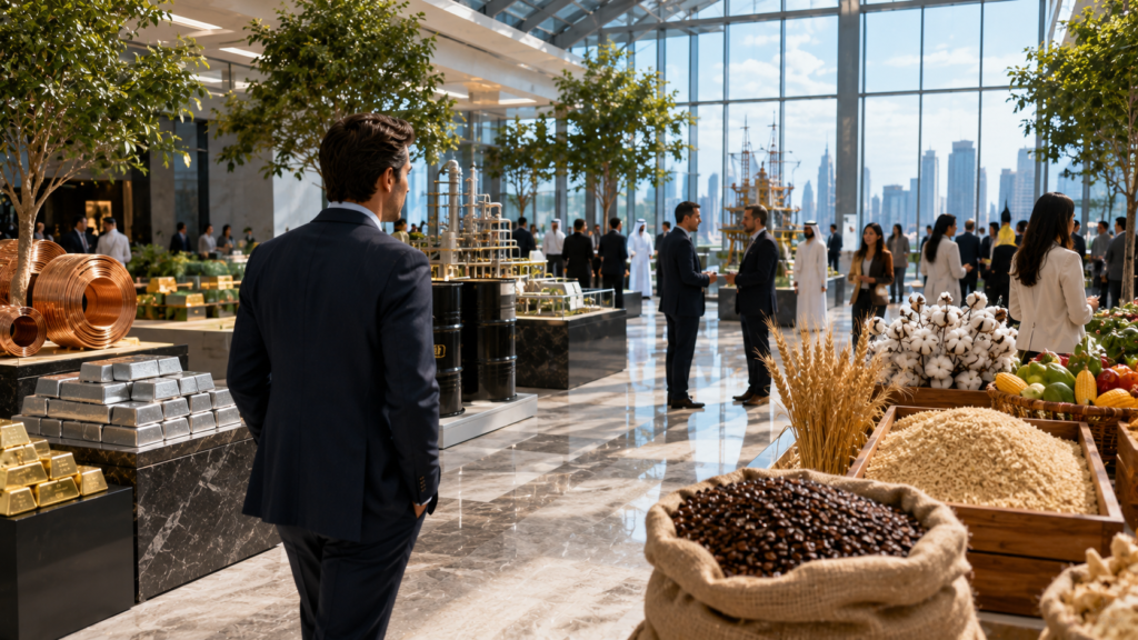 Investor reviewing diversified commodity investments at a modern international commodities exhibition.