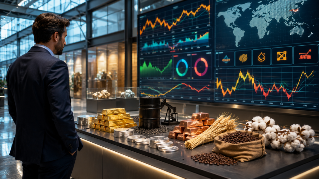 Investor examining a diversified commodity portfolio with gold bars, oil barrel model, wheat, copper, and financial charts.