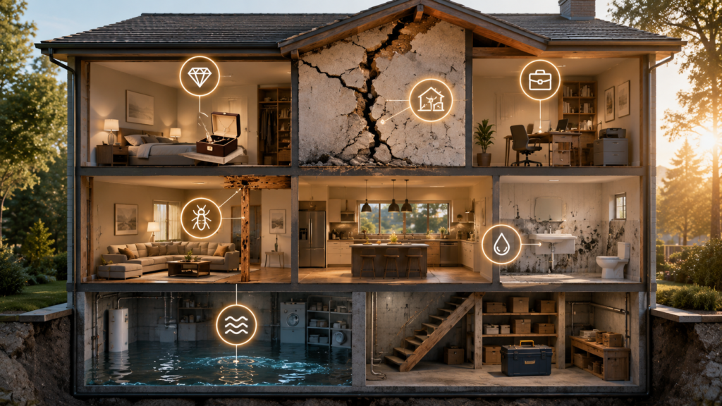 Homeowner reviewing common home insurance exclusions with visual examples of uncovered risks in a modern residential setting.