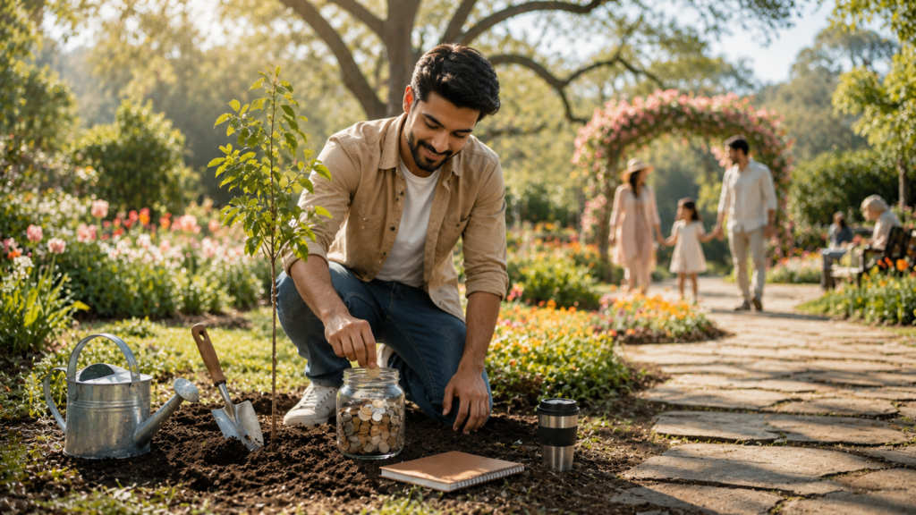 Young professional planting a small tree while adding coins to a savings jar in a sunny backyard.