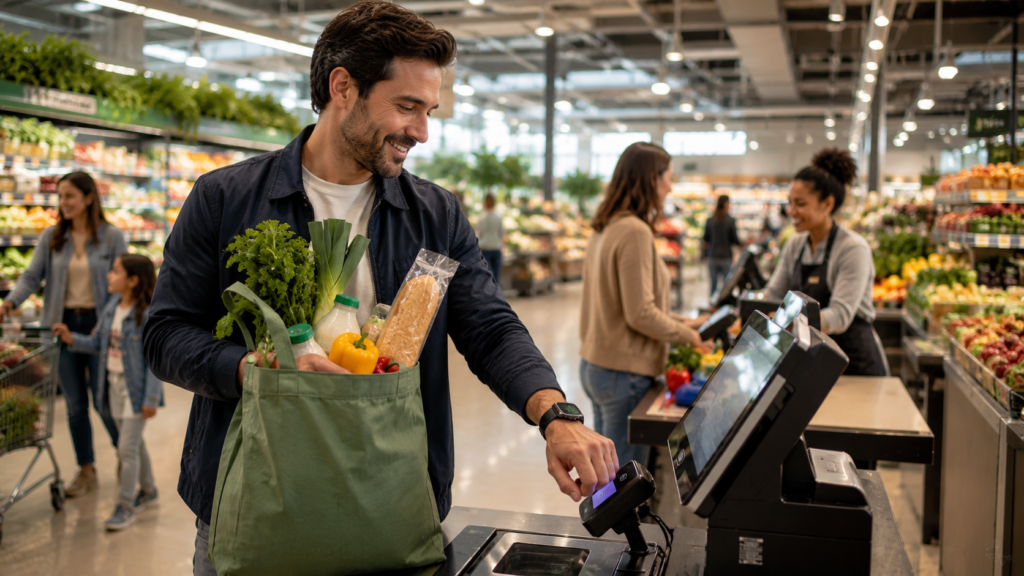 Customer making a contactless payment with a smartwatch at a modern grocery checkout.