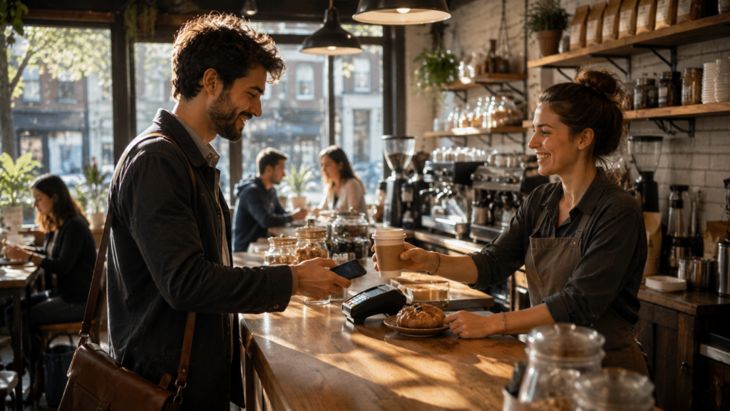 Young customer making a contactless payment at a neighborhood coffee shop using a smartphone.