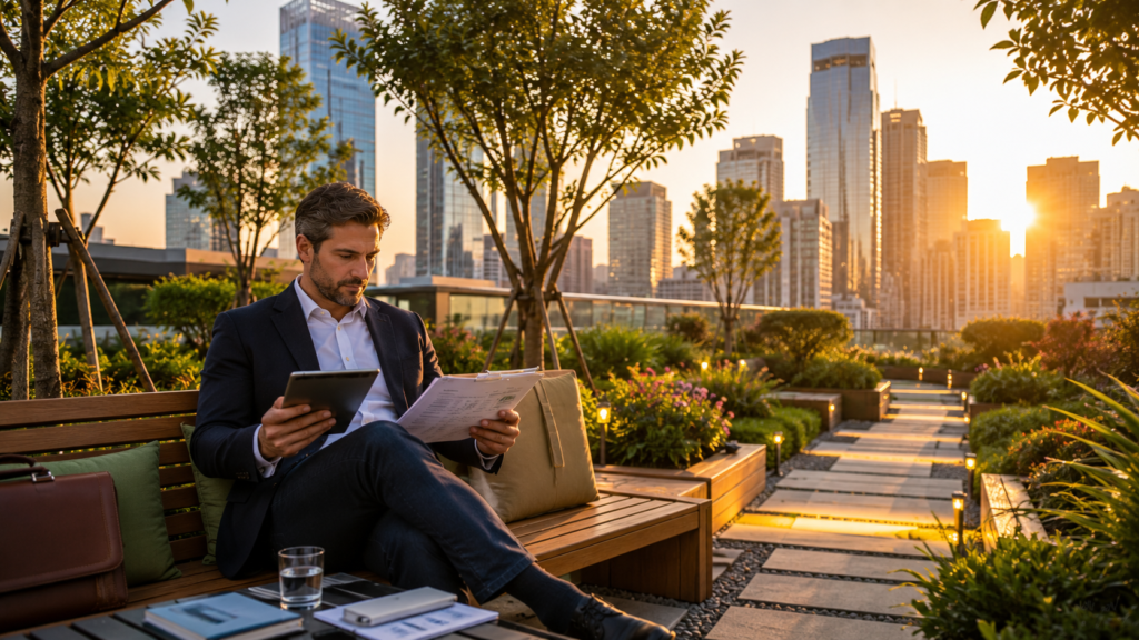 Investor reviewing dividend-focused investment options in a modern city rooftop garden.