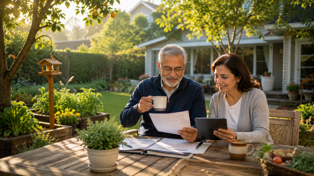 Retired couple reviewing investment documents while enjoying coffee on a home garden patio.