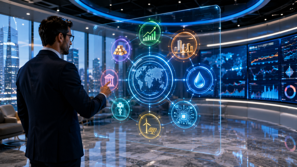 Investor analyzing ETF portfolio using interactive transparent digital investment screens with diversified asset icons.