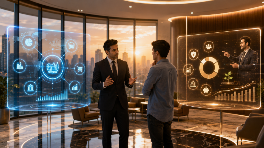 Financial advisor comparing ETFs and mutual funds using a futuristic interactive investment dashboard for a young investor.