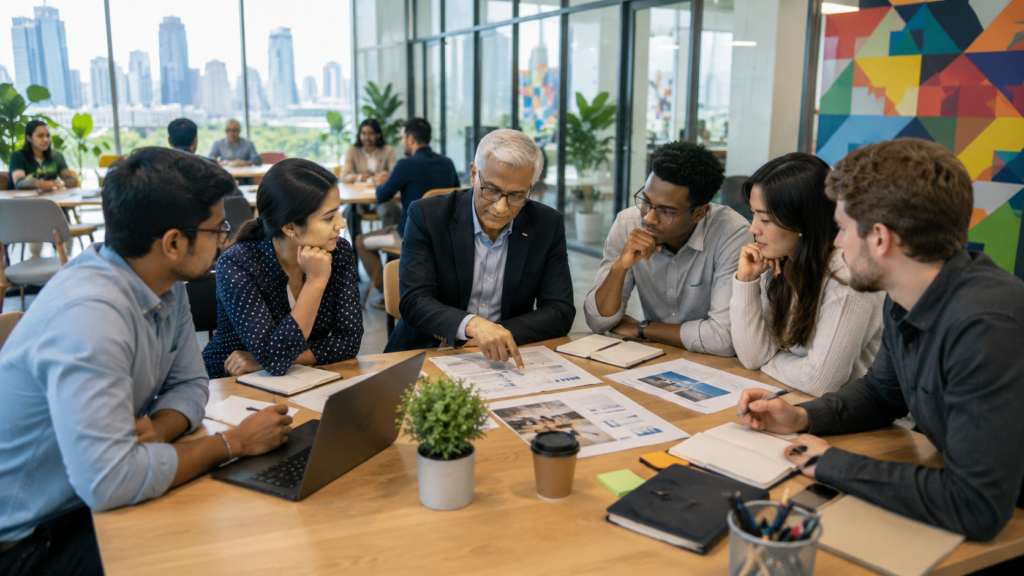 Young investors reviewing diversified company sectors on a collaborative workspace wall.