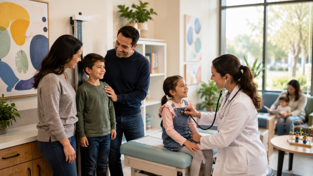 Family attending a routine health checkup with a pediatrician in a modern medical clinic.