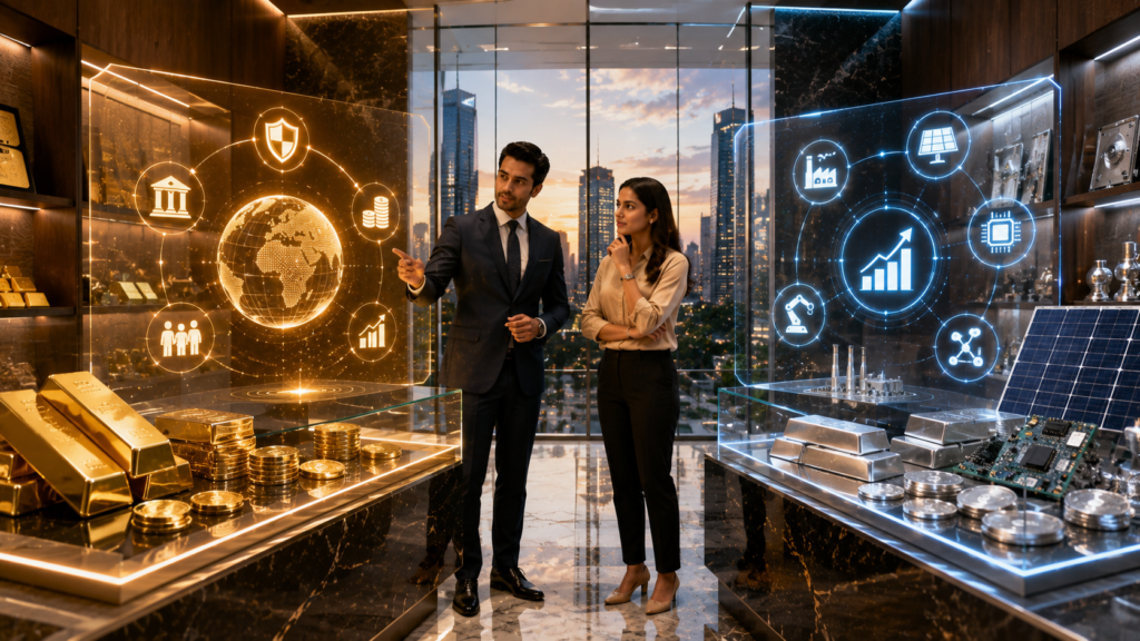 Investor comparing gold bars and silver bullion using an interactive digital dashboard showing precious metal performance.