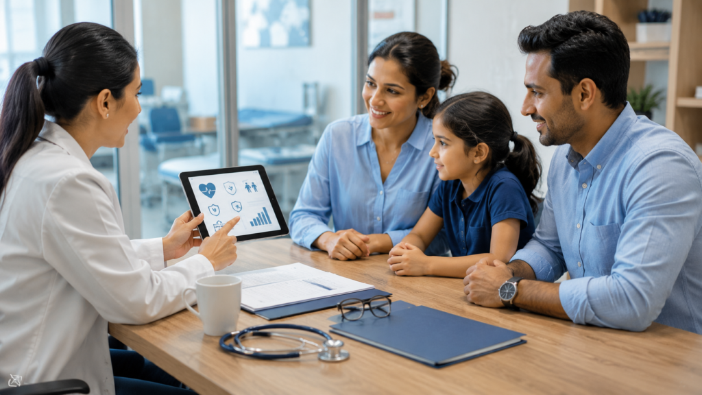 Family consulting a healthcare professional while reviewing a health insurance policy with medical documents.