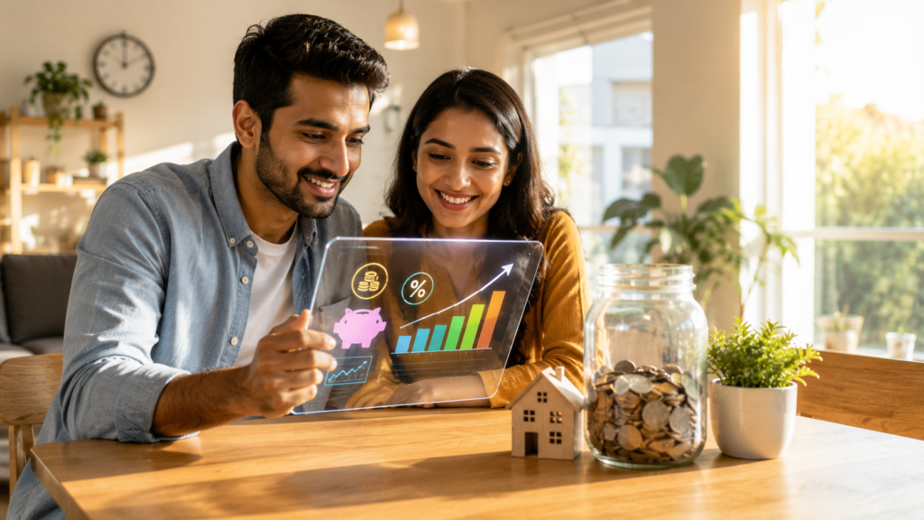 Young couple monitoring savings growth on a digital dashboard while a glass savings jar fills with coins in a bright modern home.