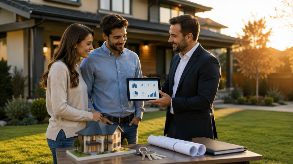 Homeowners reviewing their home insurance policy while standing outside a modern house with an insurance advisor.