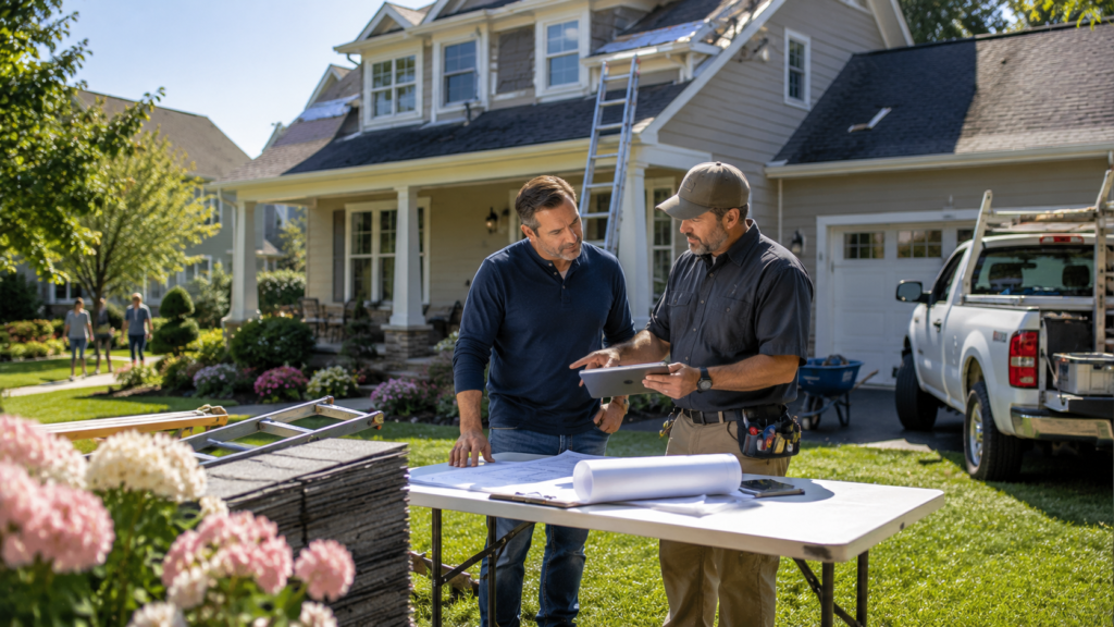 Homeowner reviewing home repair estimates with a contractor after minor storm damage.