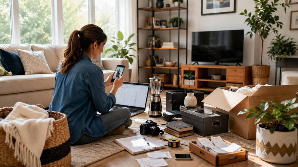 Homeowner creating a digital inventory of household belongings while photographing furniture and electronics.