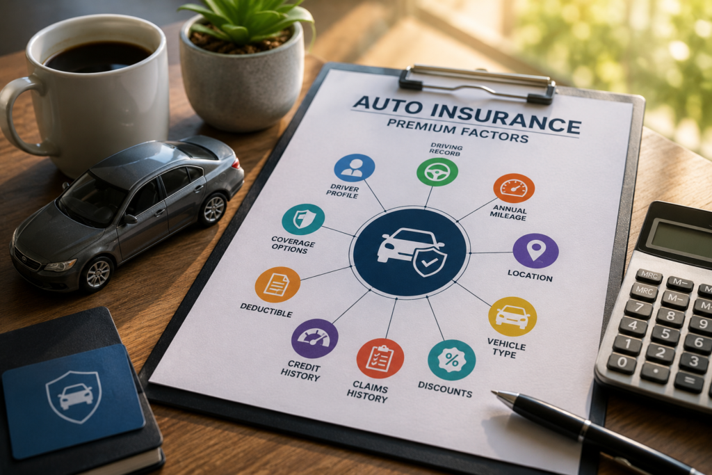 Insurance advisor explaining the factors that influence auto insurance premiums using an interactive digital dashboard beside a modern car.