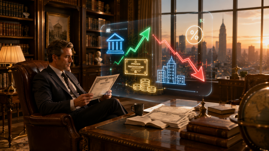 Investor studying bond yields through an interactive financial dashboard displaying bond prices, interest rates, and return trends.
