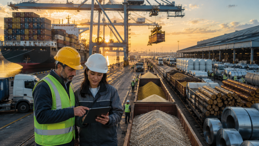 Traders and logistics professionals observing commodity shipments at a busy international seaport.