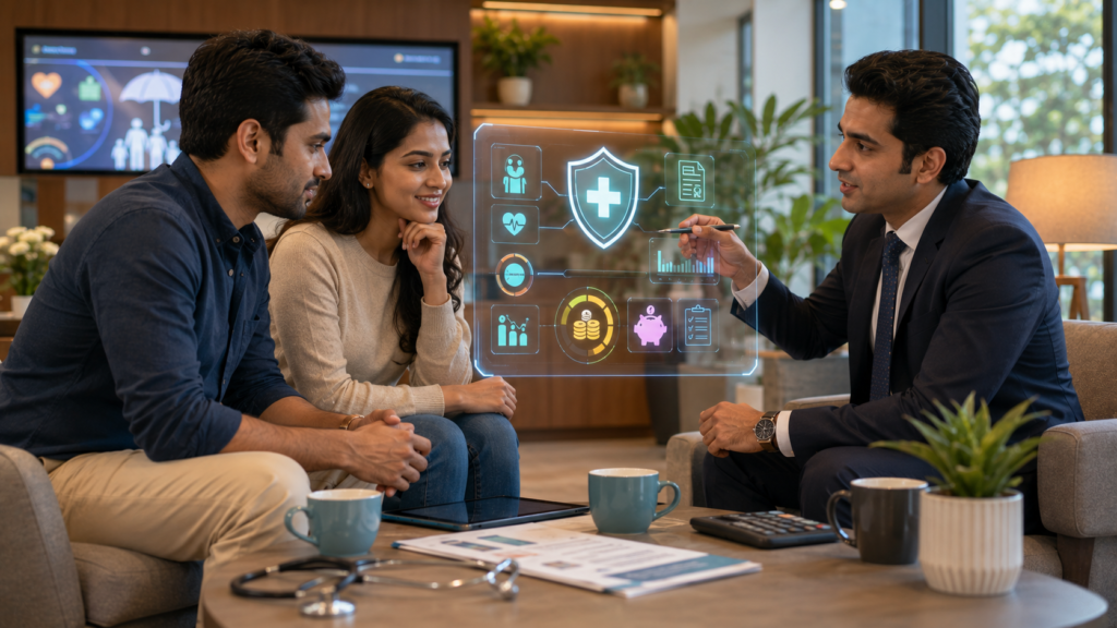 Healthcare advisor explaining health insurance deductibles to a couple using an interactive digital cost breakdown display.