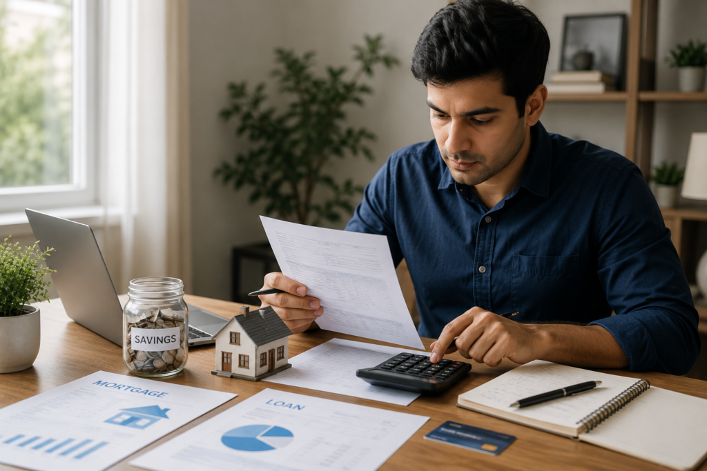 Person reviewing monthly finances with calculator, laptop, savings jar, and loan documents at a home office desk.