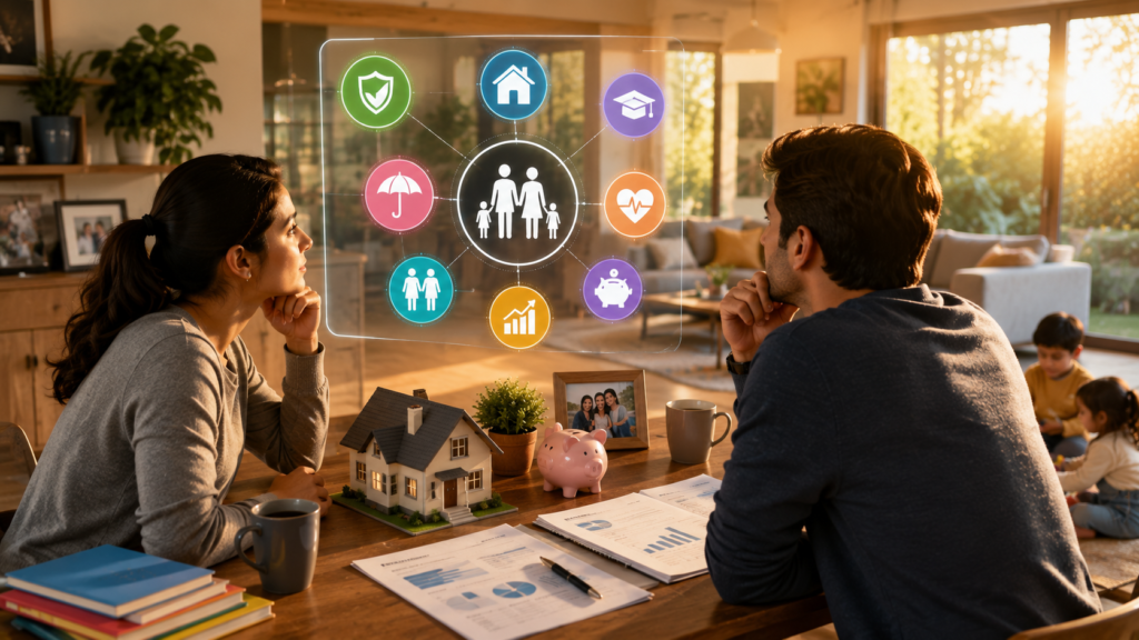 Young family planning life insurance coverage with financial documents and future financial goals displayed in a warm home environment.