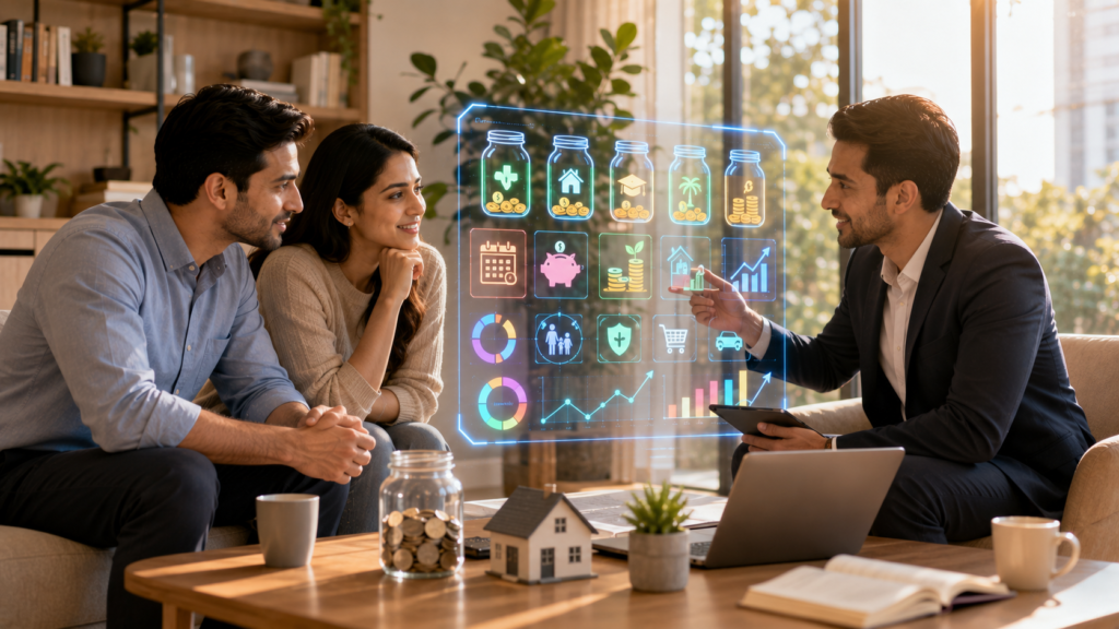 Financial advisor helping a young couple plan emergency savings using an interactive digital savings dashboard in a modern home.