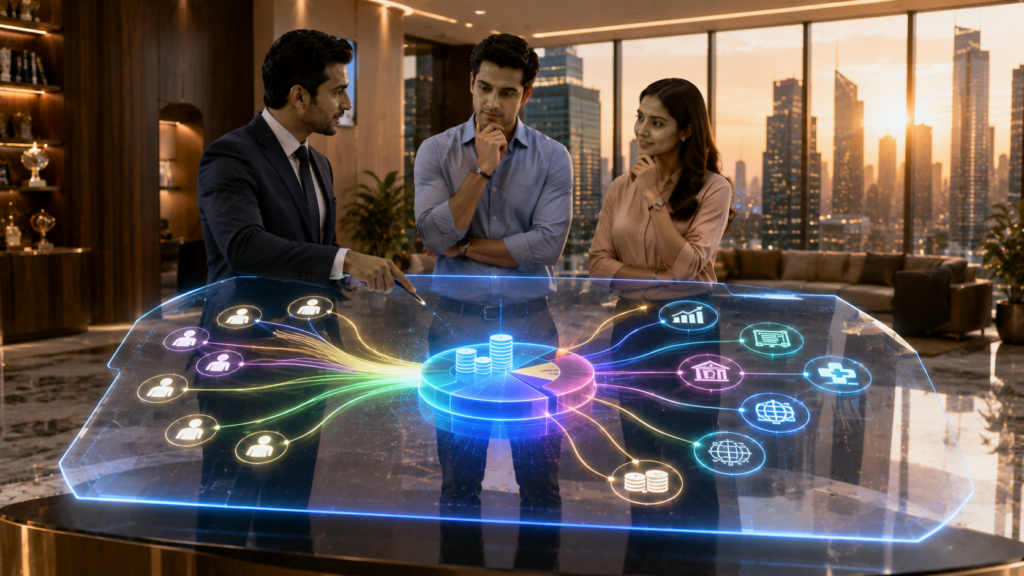 Professional fund manager explaining how pooled investments are diversified into stocks, bonds, and global assets using a holographic portfolio display.