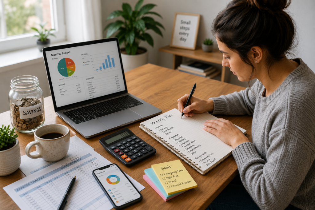 Young professional planning a monthly budget using a laptop, calculator, notebook, and expense tracker at a home office desk.