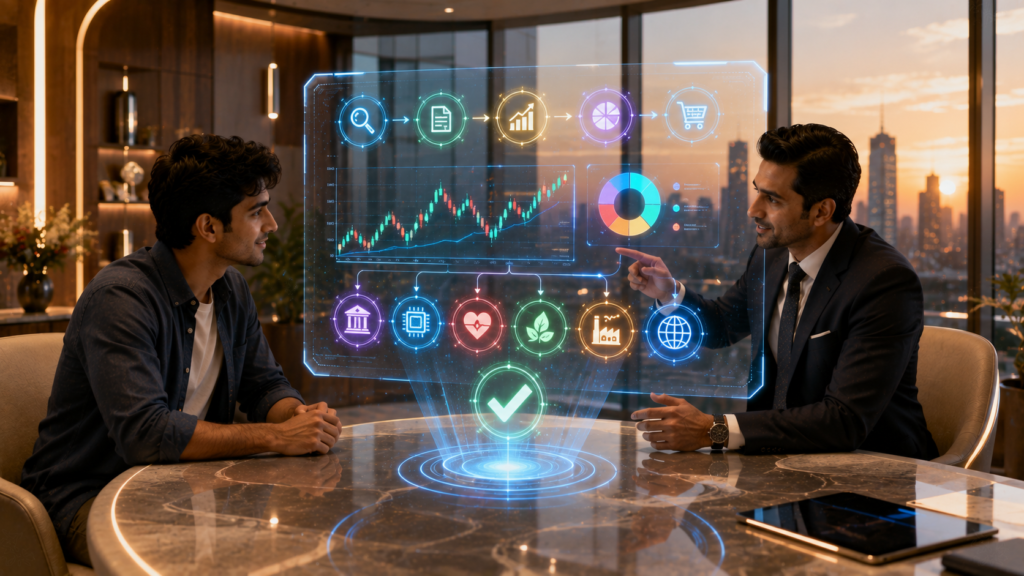 Young investor placing their first stock purchase with guidance from a financial advisor using a digital trading dashboard.