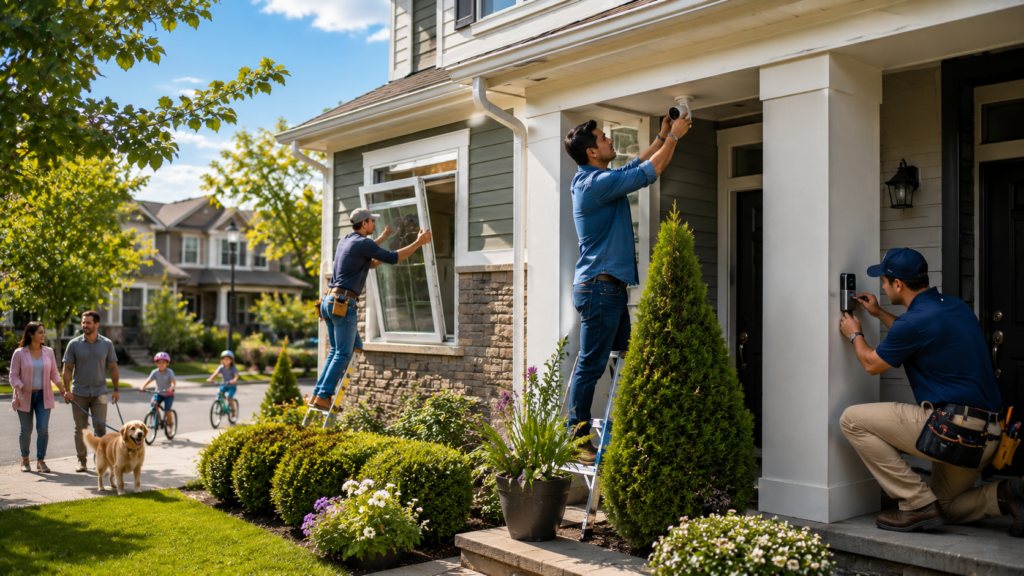 Homeowner installing a smart security camera while a contractor upgrades energy-efficient windows on a modern suburban home.