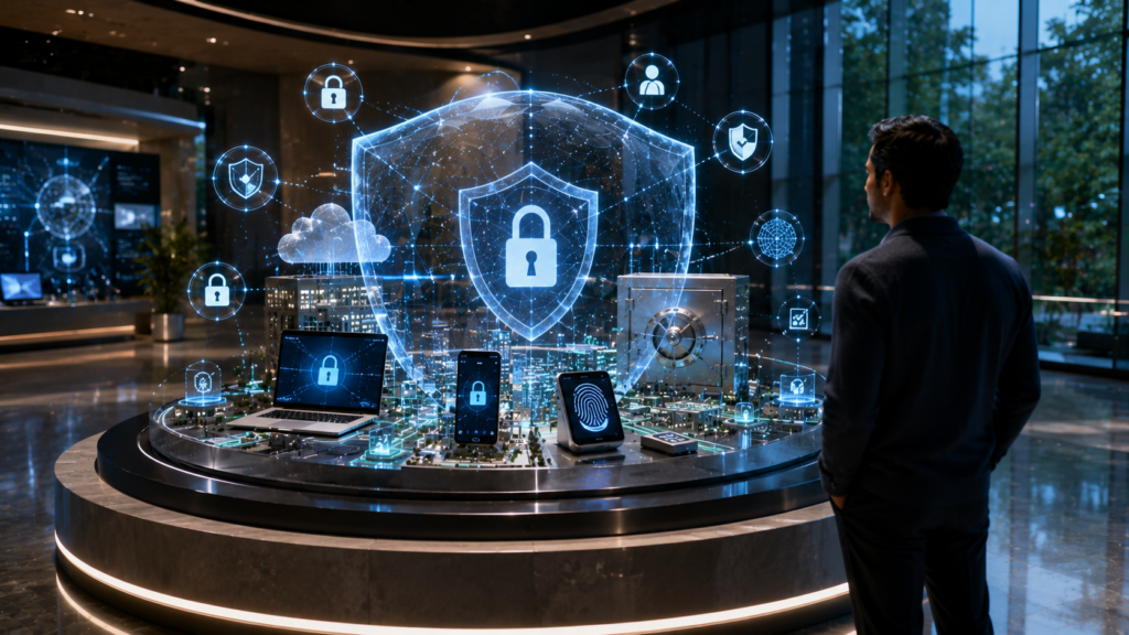 Customer learning online banking security through an interactive cybersecurity exhibit in a modern banking innovation center.
