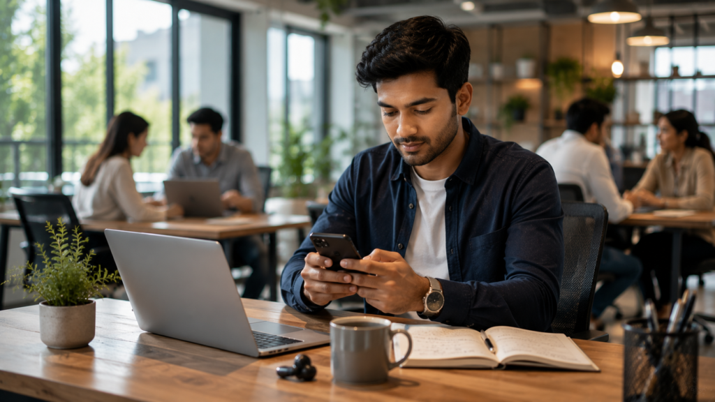 Young professional setting up a mobile banking app on a smartphone while sitting in a bright coworking space.