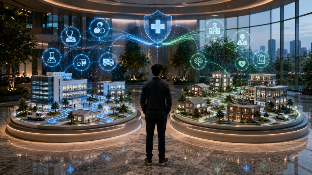 Patient comparing in-network and out-of-network healthcare providers through an interactive health insurance exhibit.
