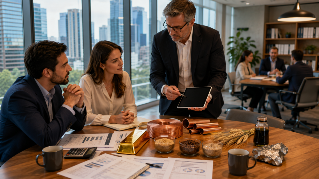 Investor reviewing commodity market reports while examining samples of gold, agricultural products, and energy industry references in a modern investment office.