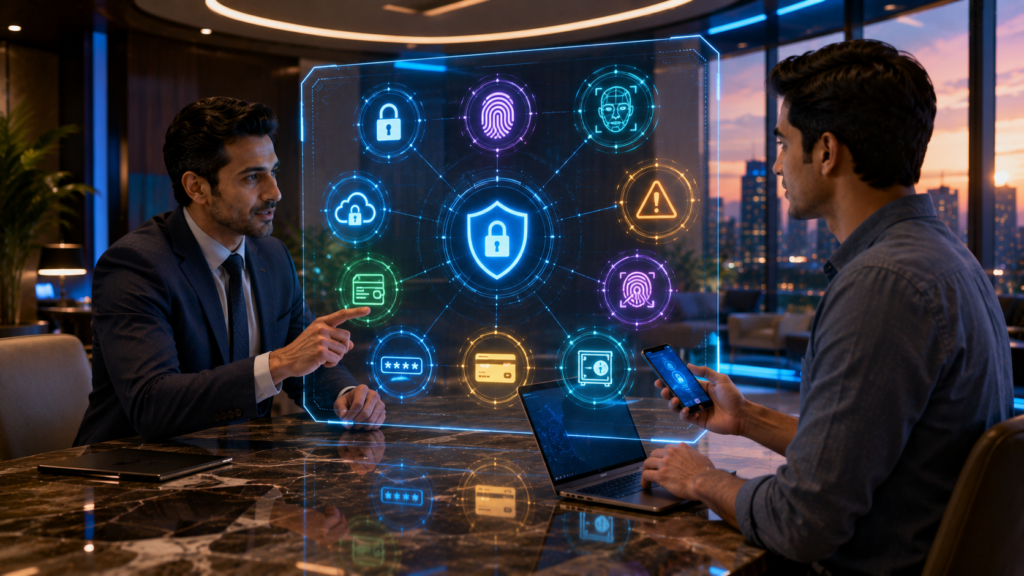 Customer using a secure online banking app while a cybersecurity advisor demonstrates digital protection features on a transparent interactive display.