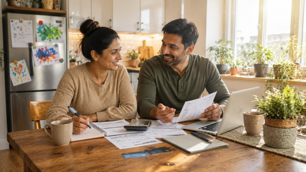 Couple reviewing household finances together at a dining table while using online banking.